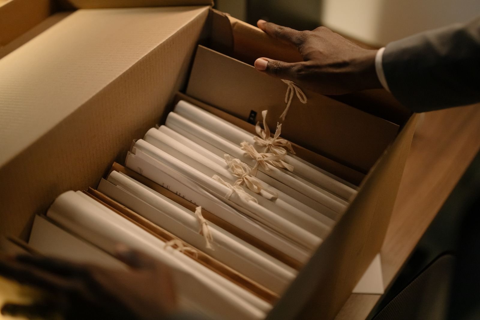 Mains gantées ouvrant une boîte d'archives contenant des documents roulés et ficelés, en gros plan, sans visage visible.